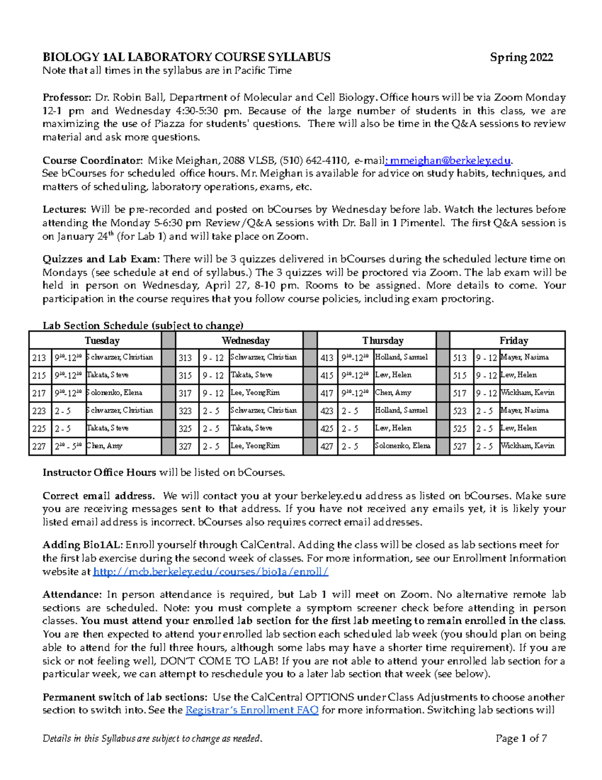 Bio 1AL Sp22 Syllabus - Information About The Course - BIOLOGY 1AL ...