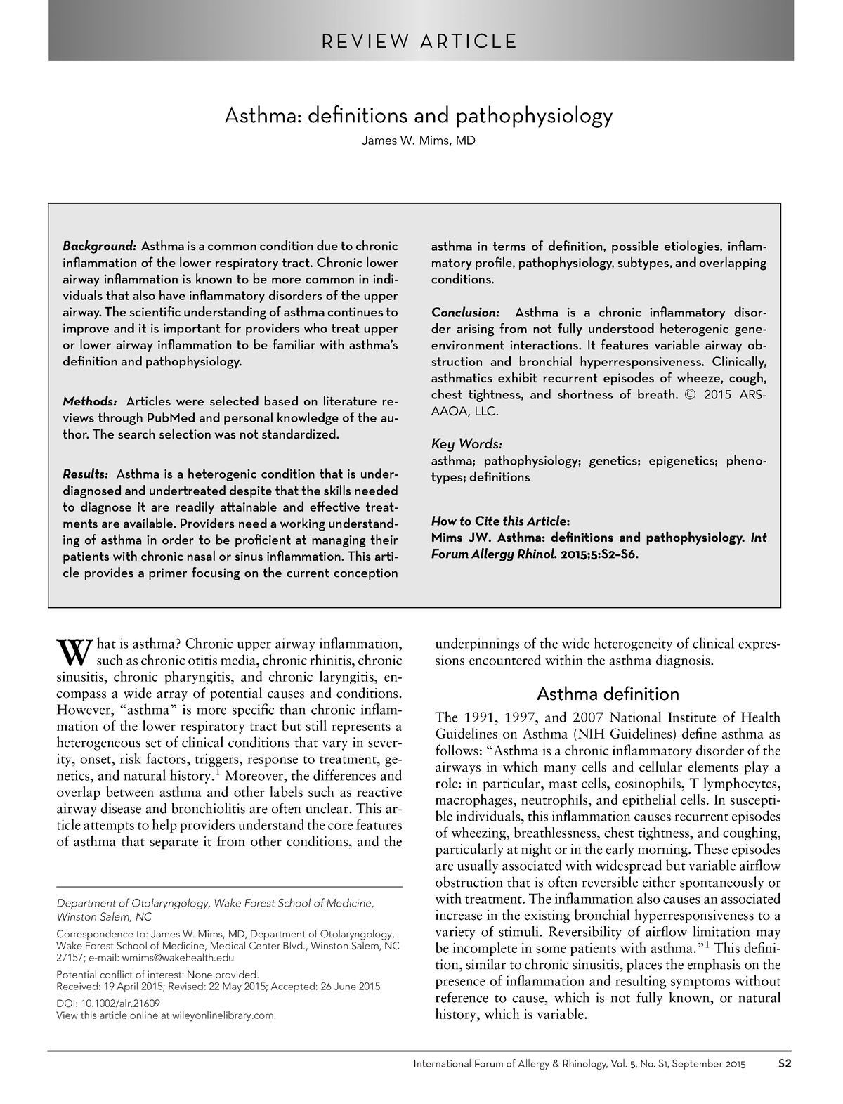 James W. Asthma. Definitions And Pathophysiology - R E V I E W A R T I ...