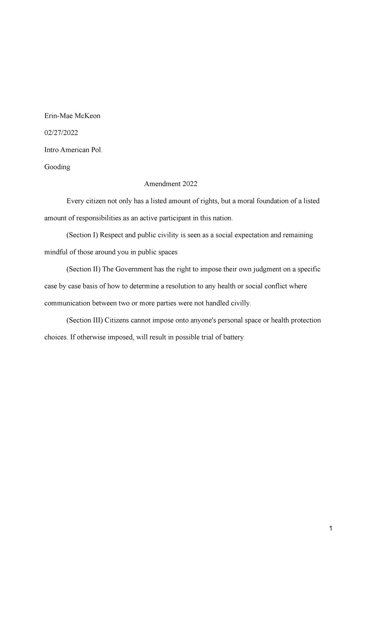 American pol. Amendment short paper - Erin-Mae McKeon 02/27/ Intro ...