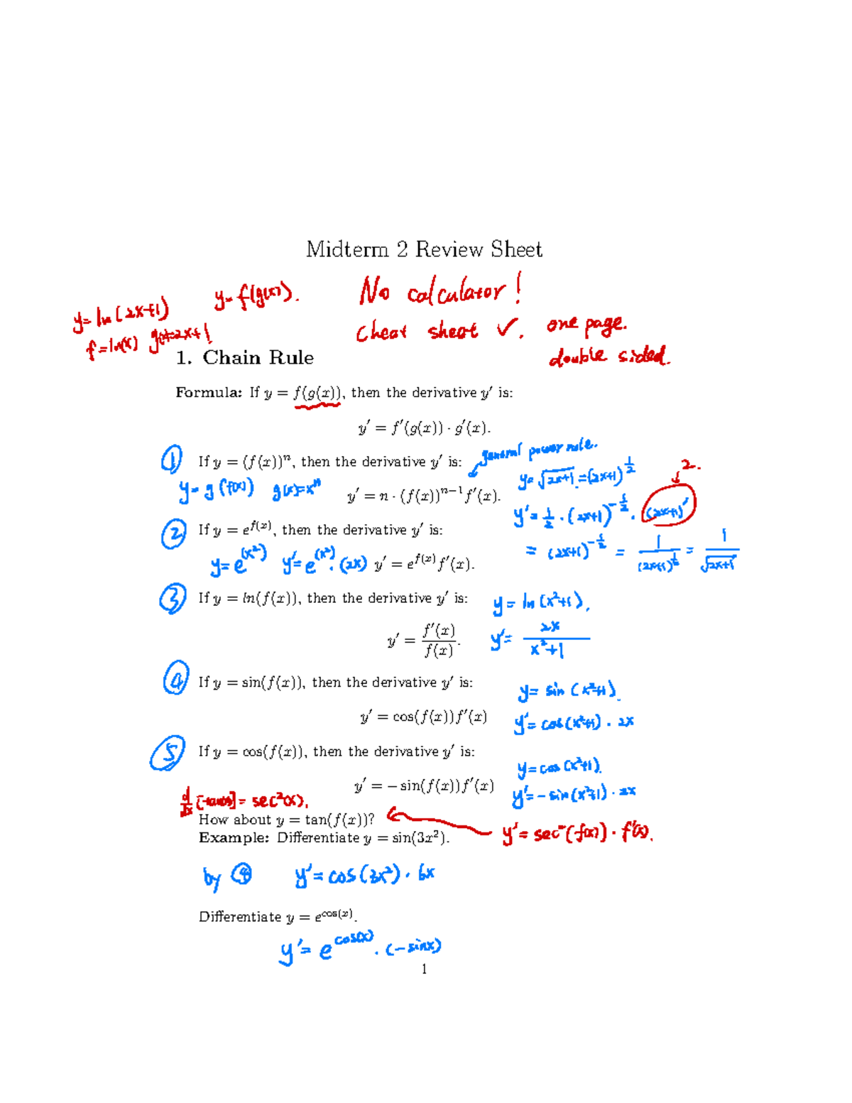 Midterm 2 review sheet - Midterm 2 Review Sheet Chain Rule Formula: If ...