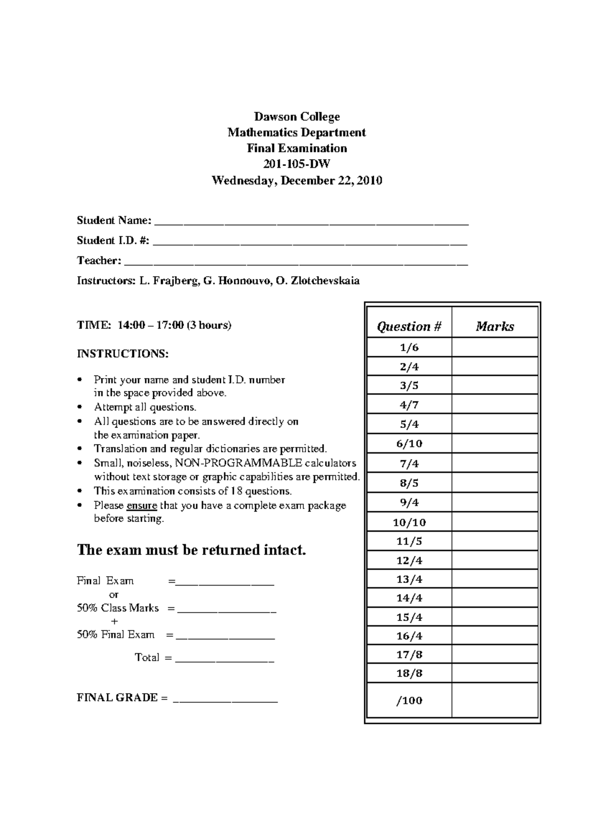 201 105 Dw Fall2010 - Old Exam. - ####### Dawson College ...