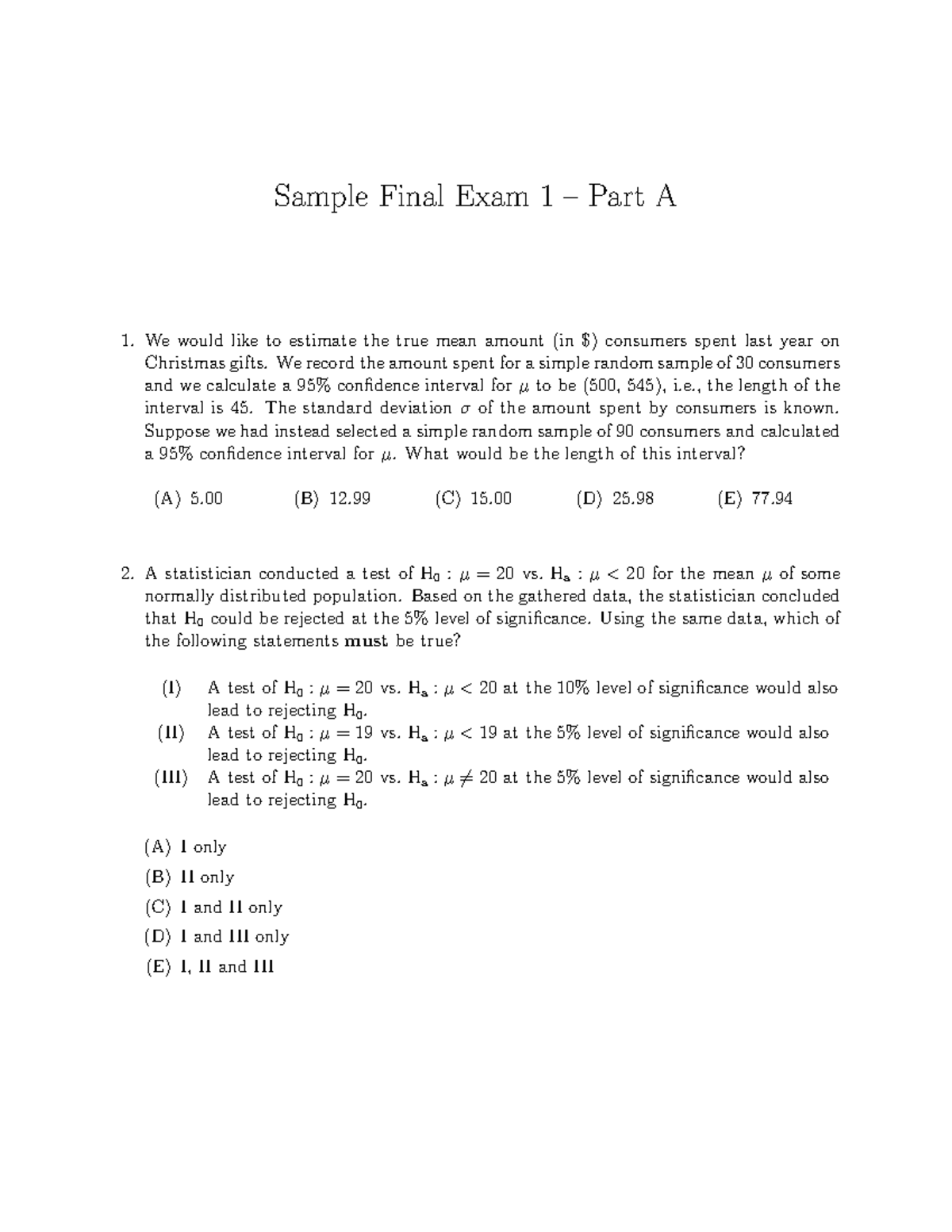 Sample/practice Exam January 2015, Questions and Answers - Sample Final ...