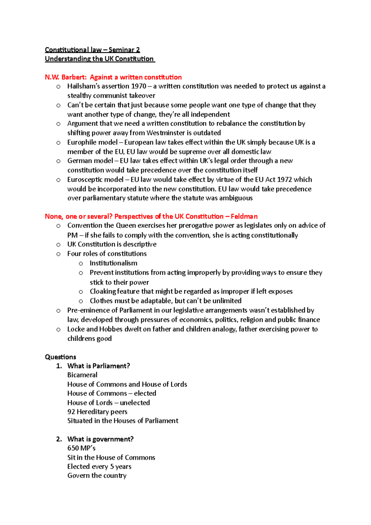 Seminar 2 - Understanding the UK system - Constitutional law – Seminar ...