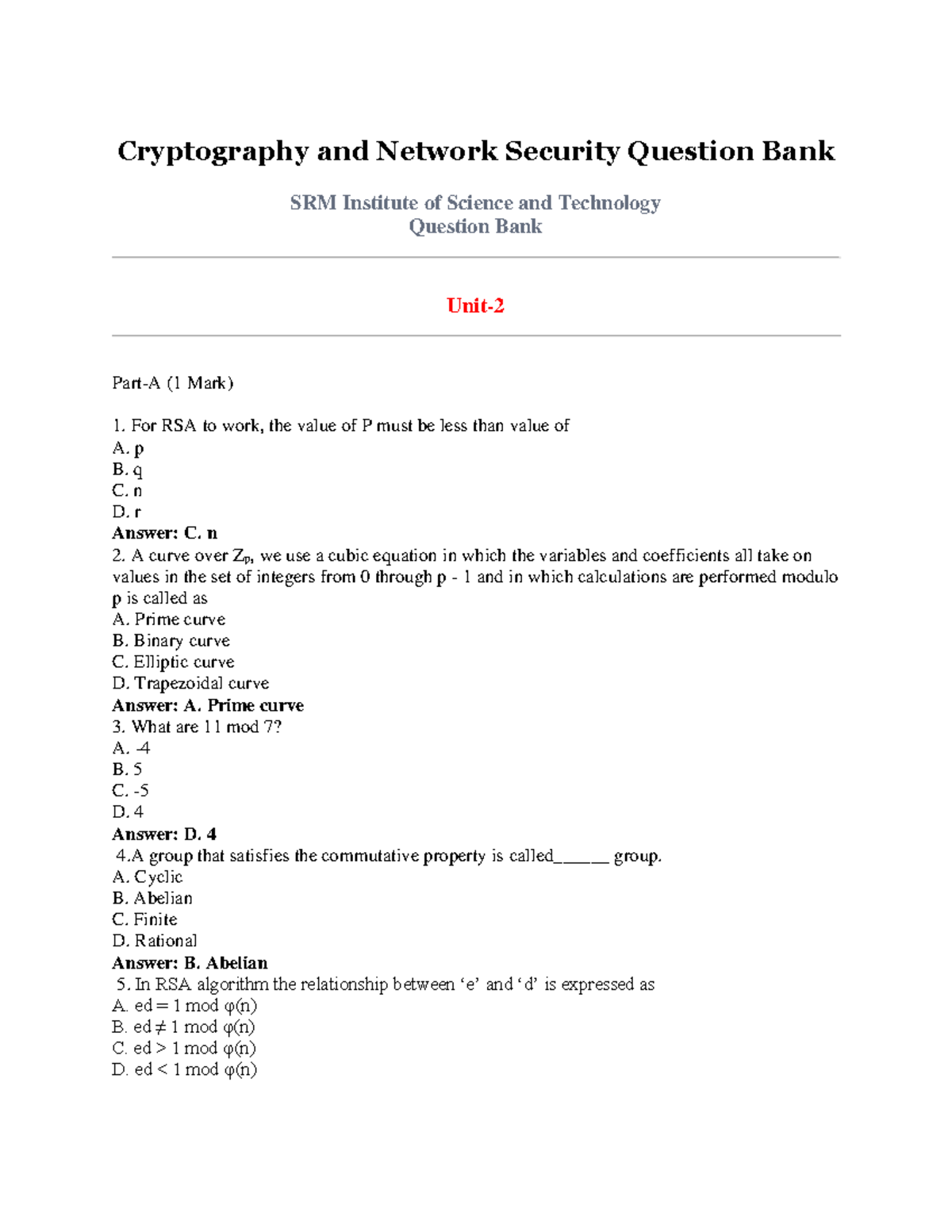 Unit 2 Question bank Cryptography and Network Security - Cryptography ...