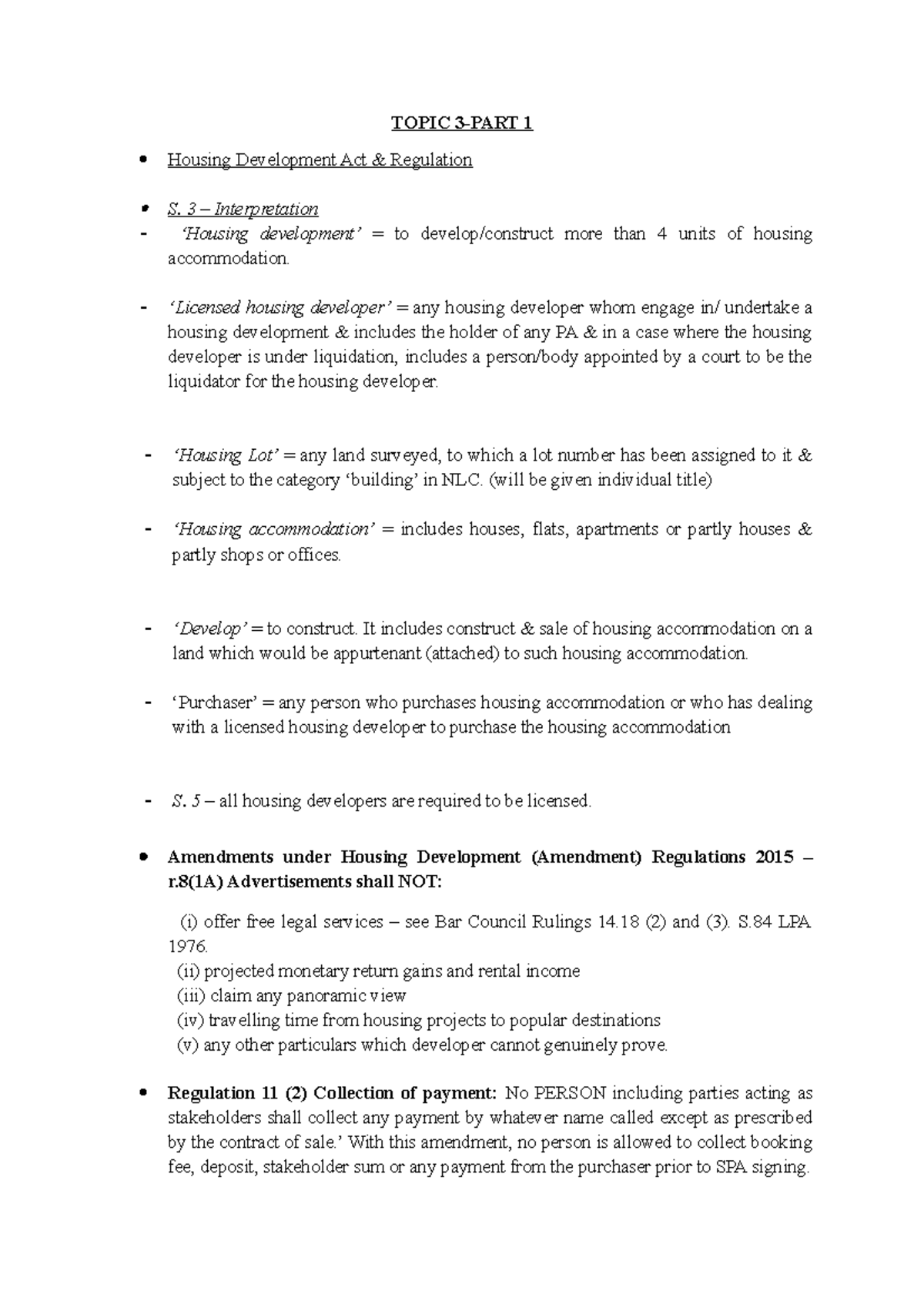 Topic 3 Part 1 (Housing Development Act & Regulation) TOPIC 3PART 1 Housing Development Act