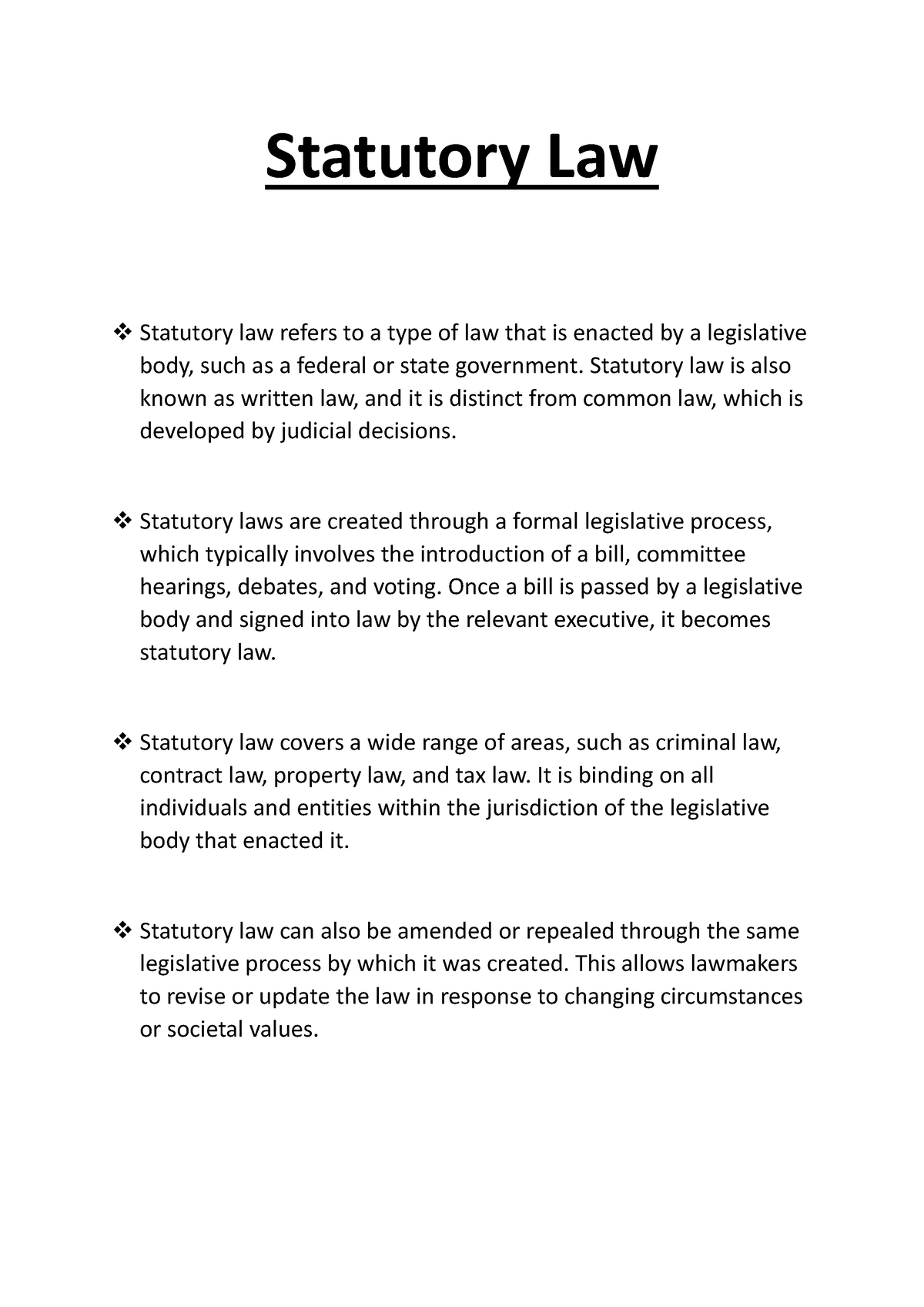 Statutory Law 1 Statutory Law Statutory Law Refers To A Type Of Law 