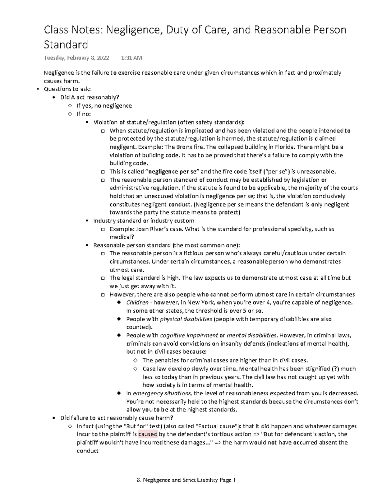 Chapter 8 Class Notes Negligence, Duty of Care, and Reasonable Person Standard - Negligence is ...