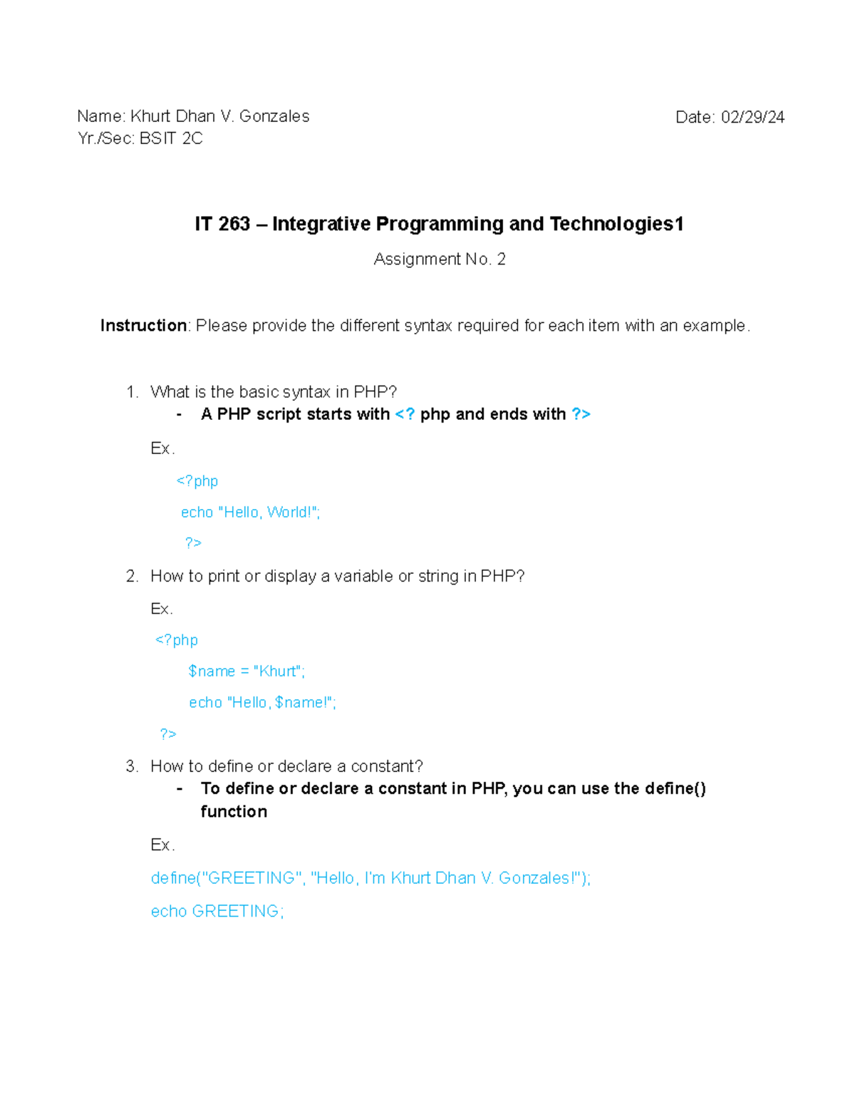ITP1 assignment 2 - IT 263 – Integrative Programming and Technologies ...