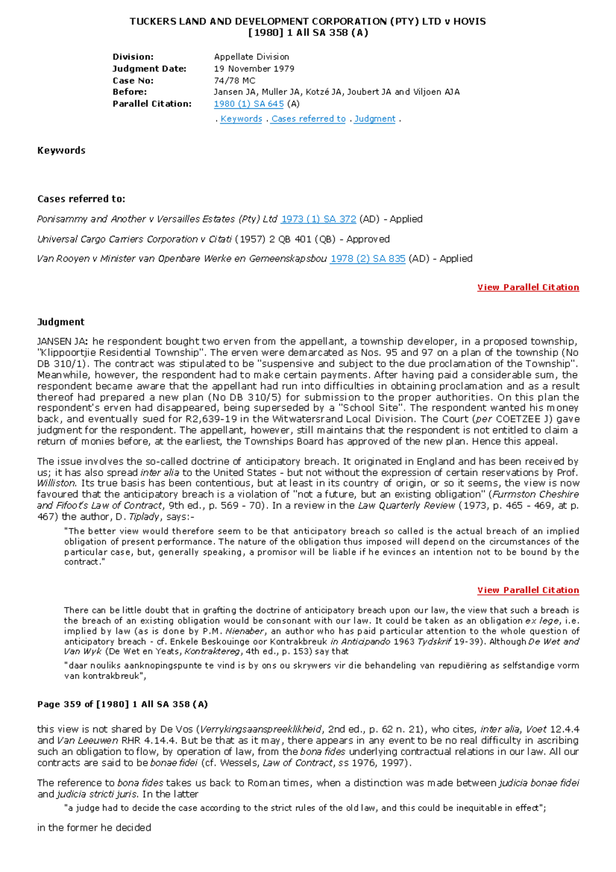 Tuckers LAND AND Development Corporation (PTY) LTD v Hovis [1980] 1 All