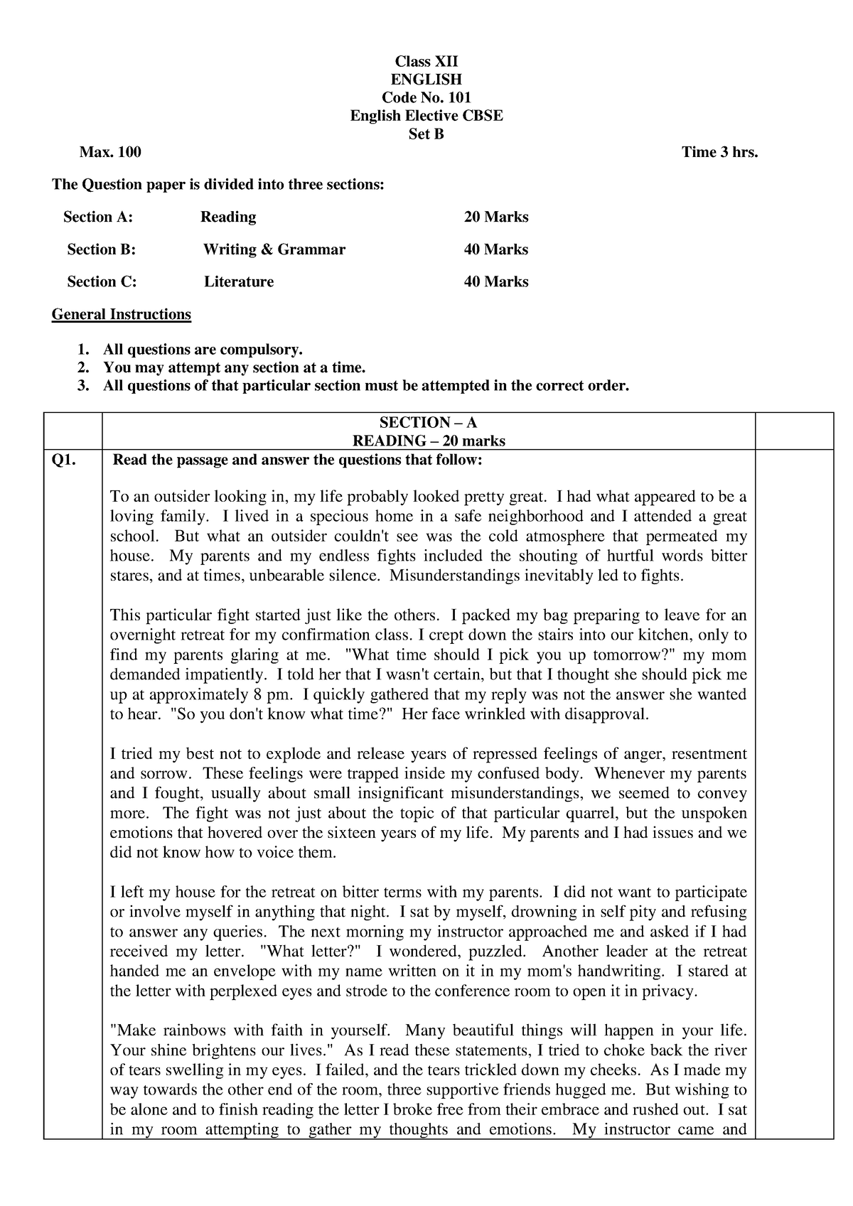 CBSE Class 12 Sample Paper English Elective 2016 - Class XII ENGLISH ...