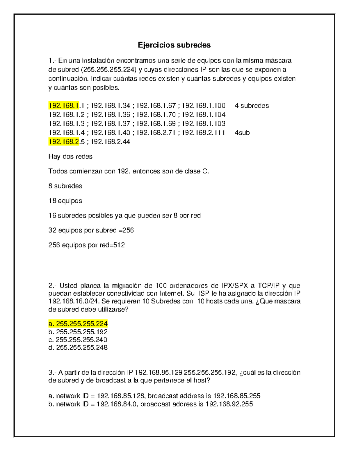 Ejercicios En Clase - Ejercicios Subredes 1.- En Una Instalación ...