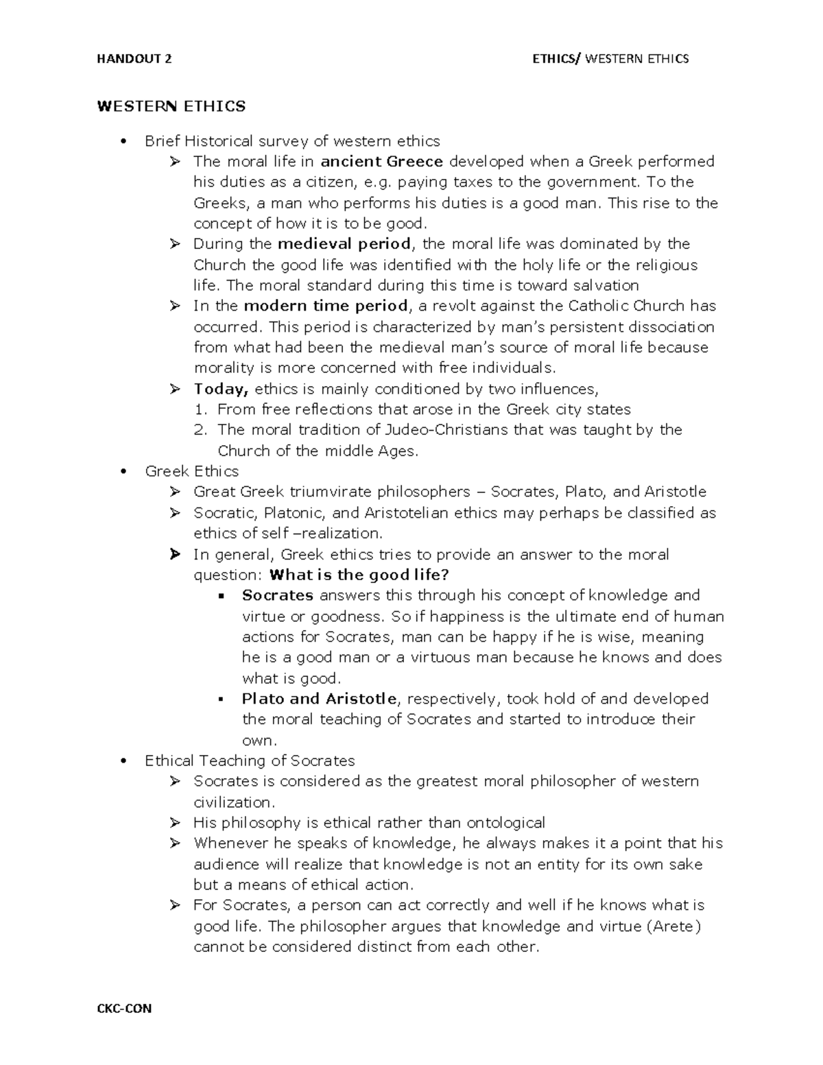 Handout 2 - pls be cooperate - WESTERN ETHICS Brief Historical survey ...