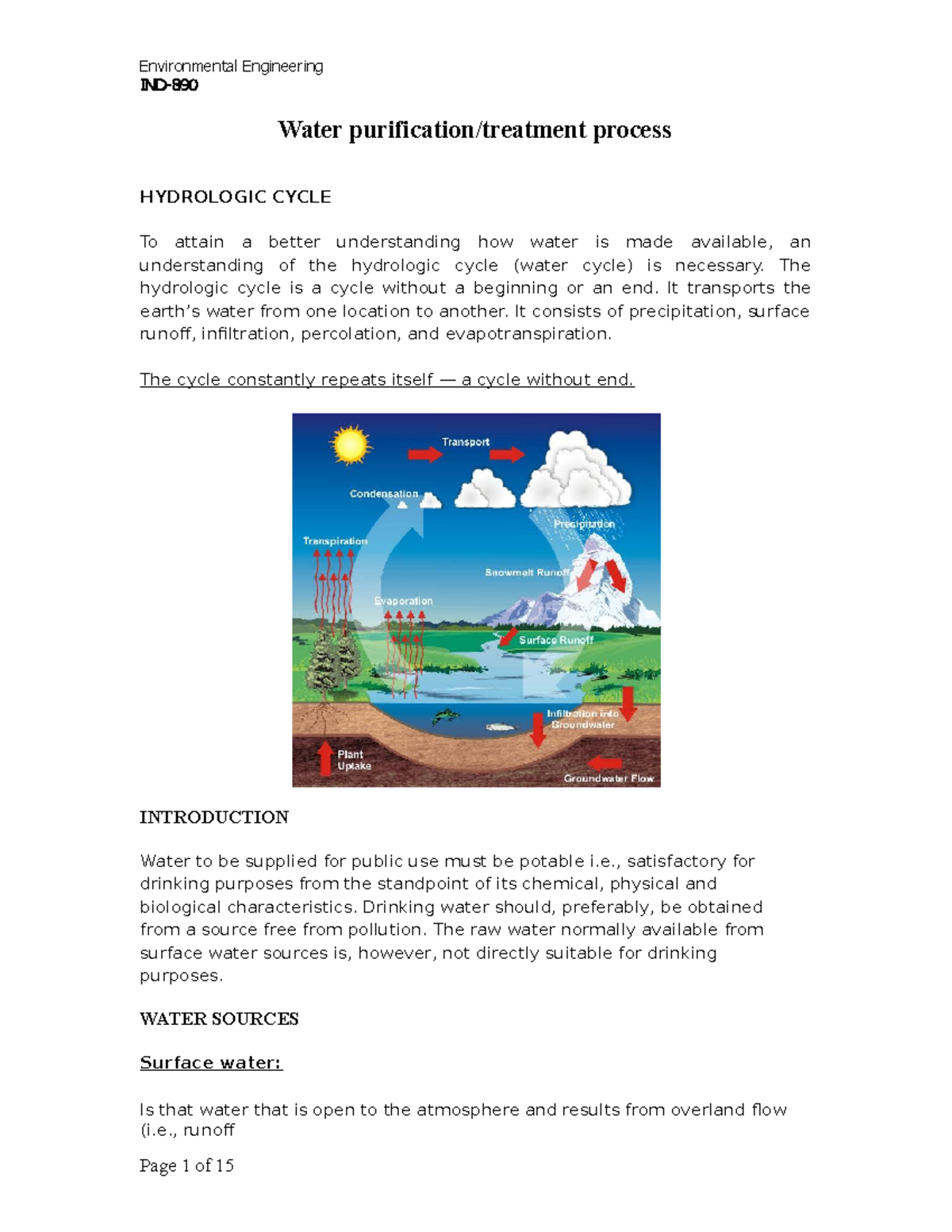 Water purification process-new - Environmental Engineering IND- 890 ...