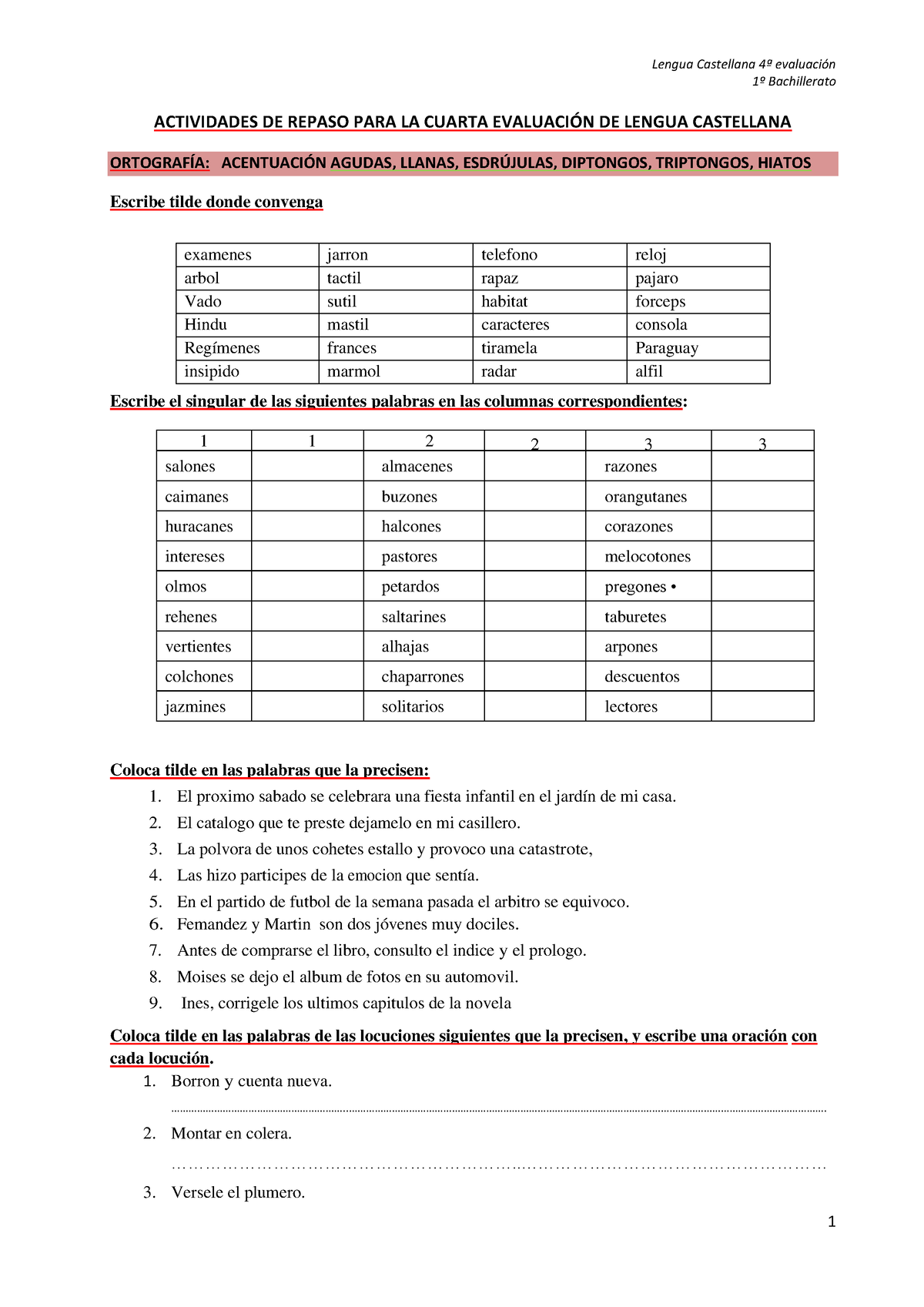 Repaso Evaluaci N Bachillerato Actividades De Repaso Para La