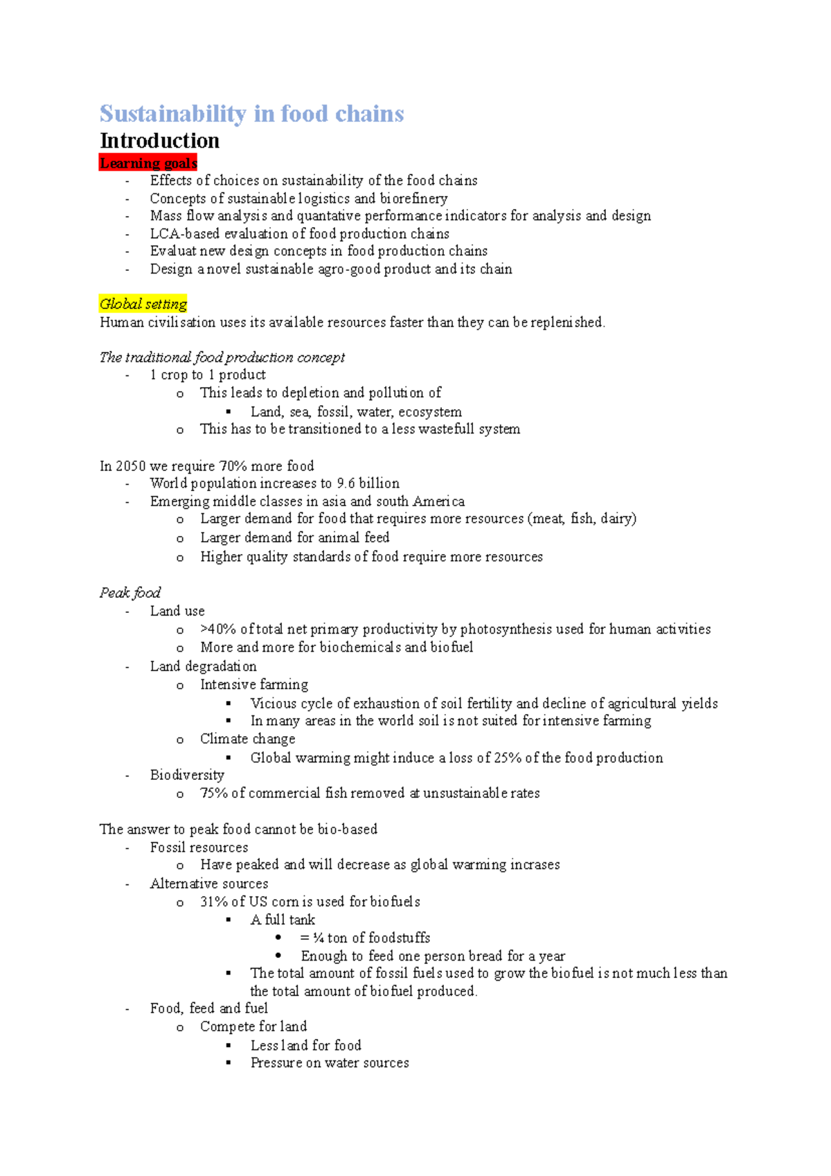 0. Full summary Sustainability in food chains Sustainability in