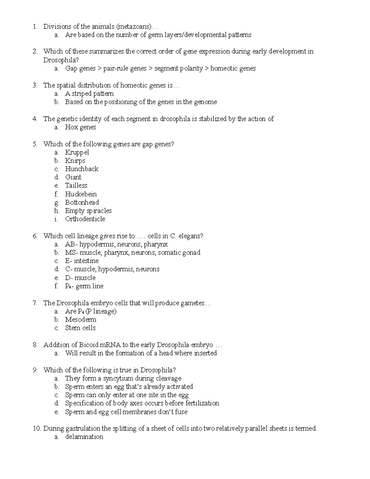 Dev Bio Exam 3 Review Questions - 1. Divisions of the animals a. Are ...