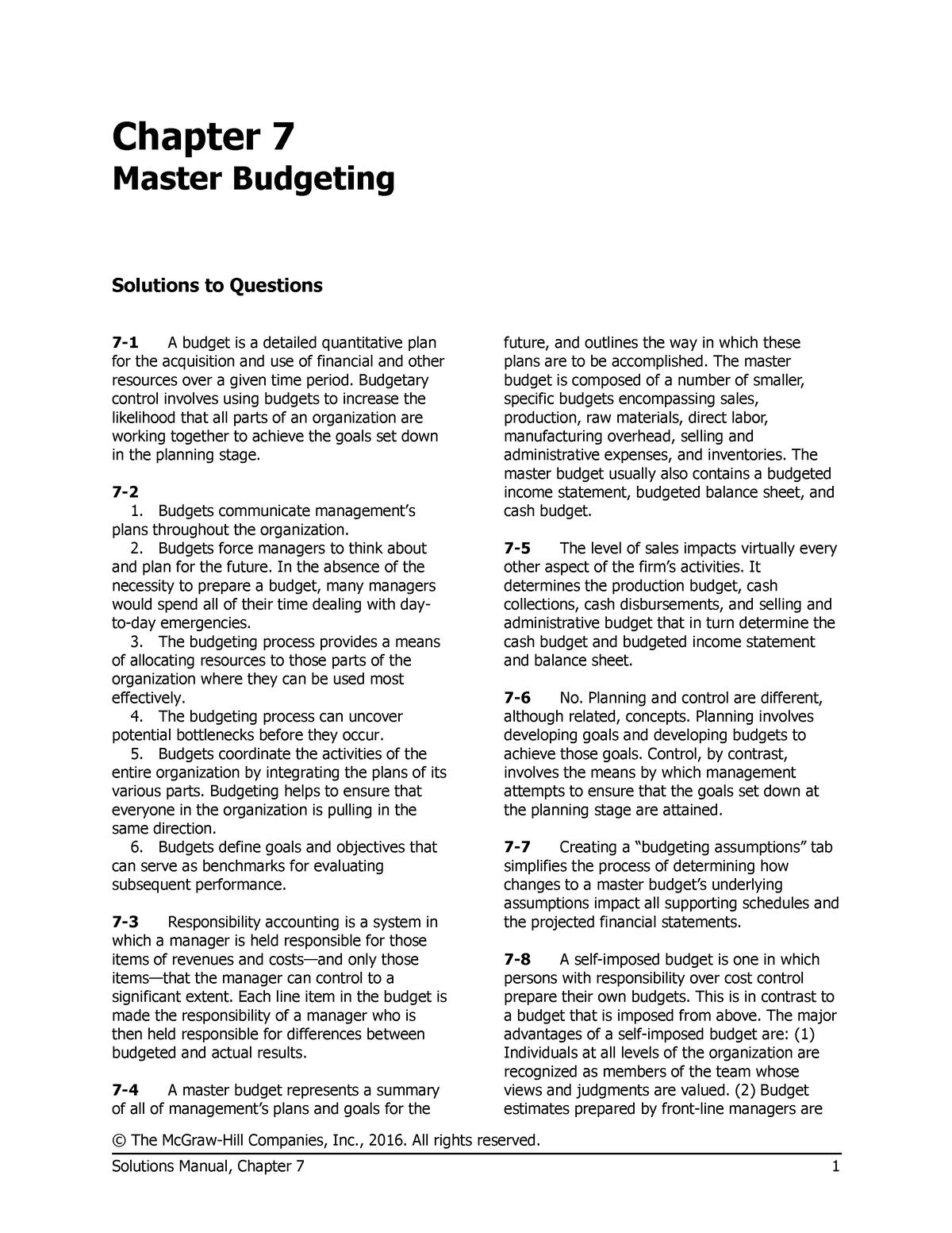 Chapter 7 Master Budgeting - © The McGraw-Hill Companies, Inc., 2016 ...