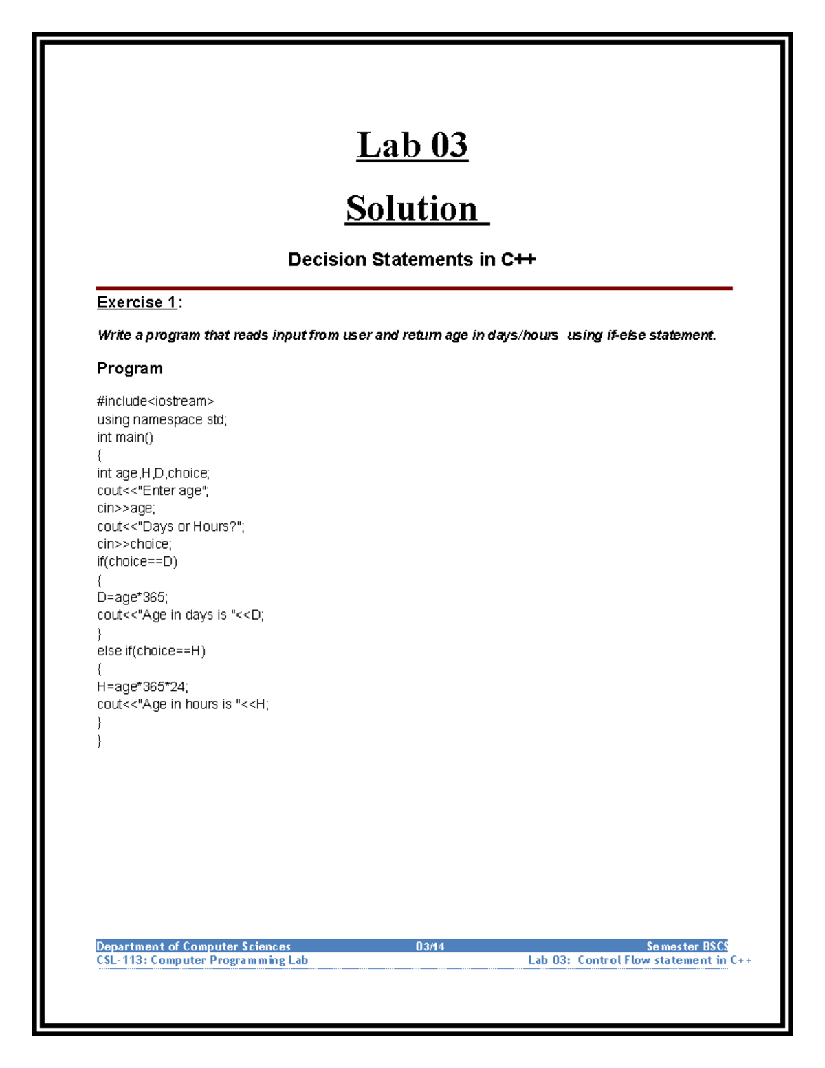 Lab 03 Solution - Lab 03 Solution Decision Statements in C++ Exercise 1 ...
