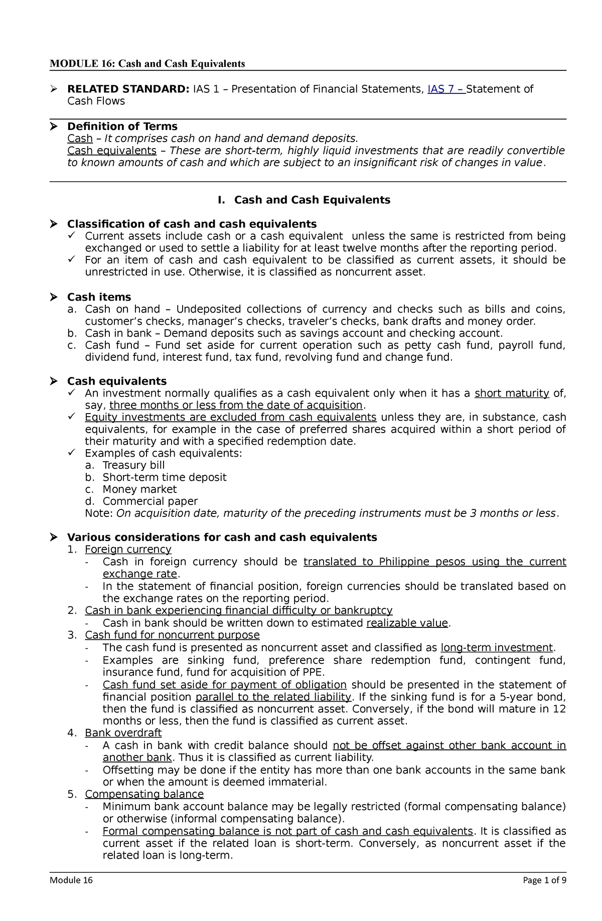 Module 16 - Cash and Cash Equivalents - MODULE 16: Cash and Cash ...