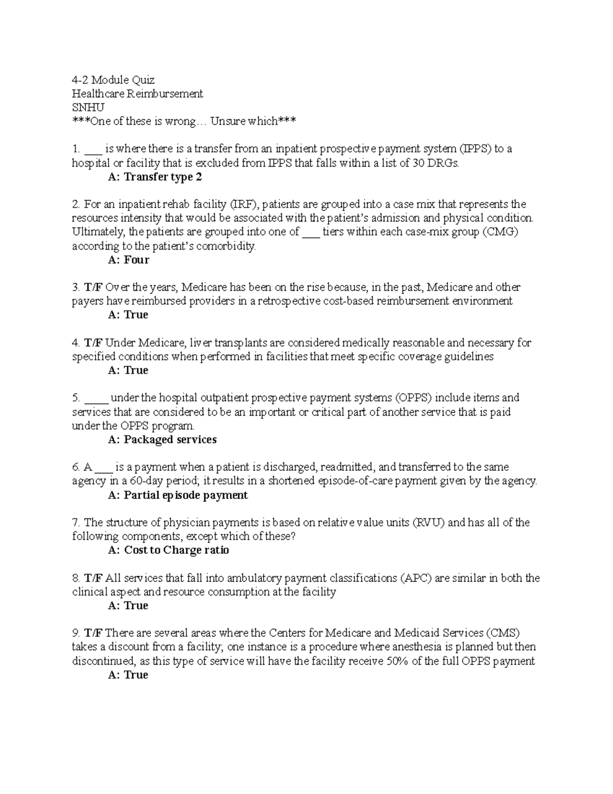 4-2 Module Quiz - 4-2 Module Quiz Healthcare Reimbursement SNHU One of ...