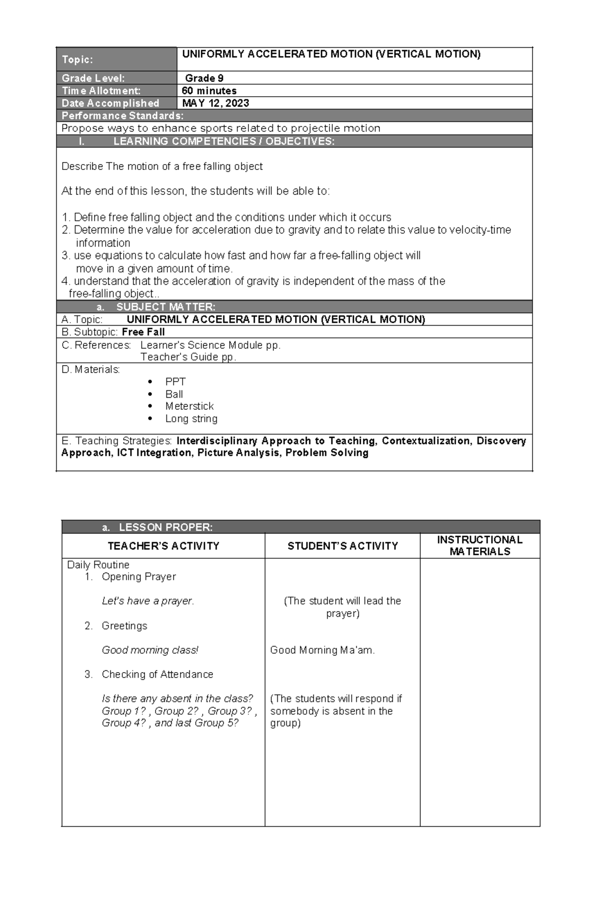 Detailed lesson plan in science 9 FREE FALL - a. LESSON PROPER: TEACHER ...