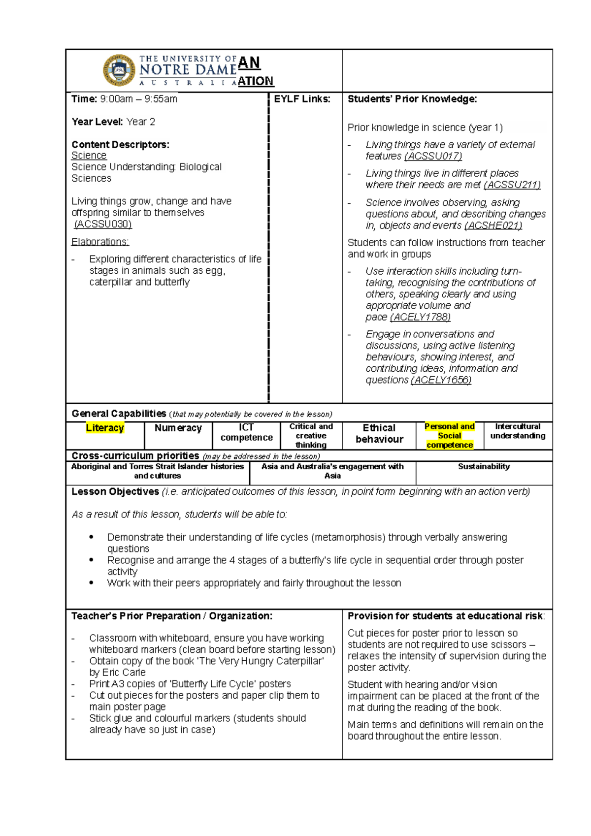 EDUC1120 Lesson Plan - LESSON PLAN SCHOOL OF EDUCATION Time: 9:00am – 9 ...