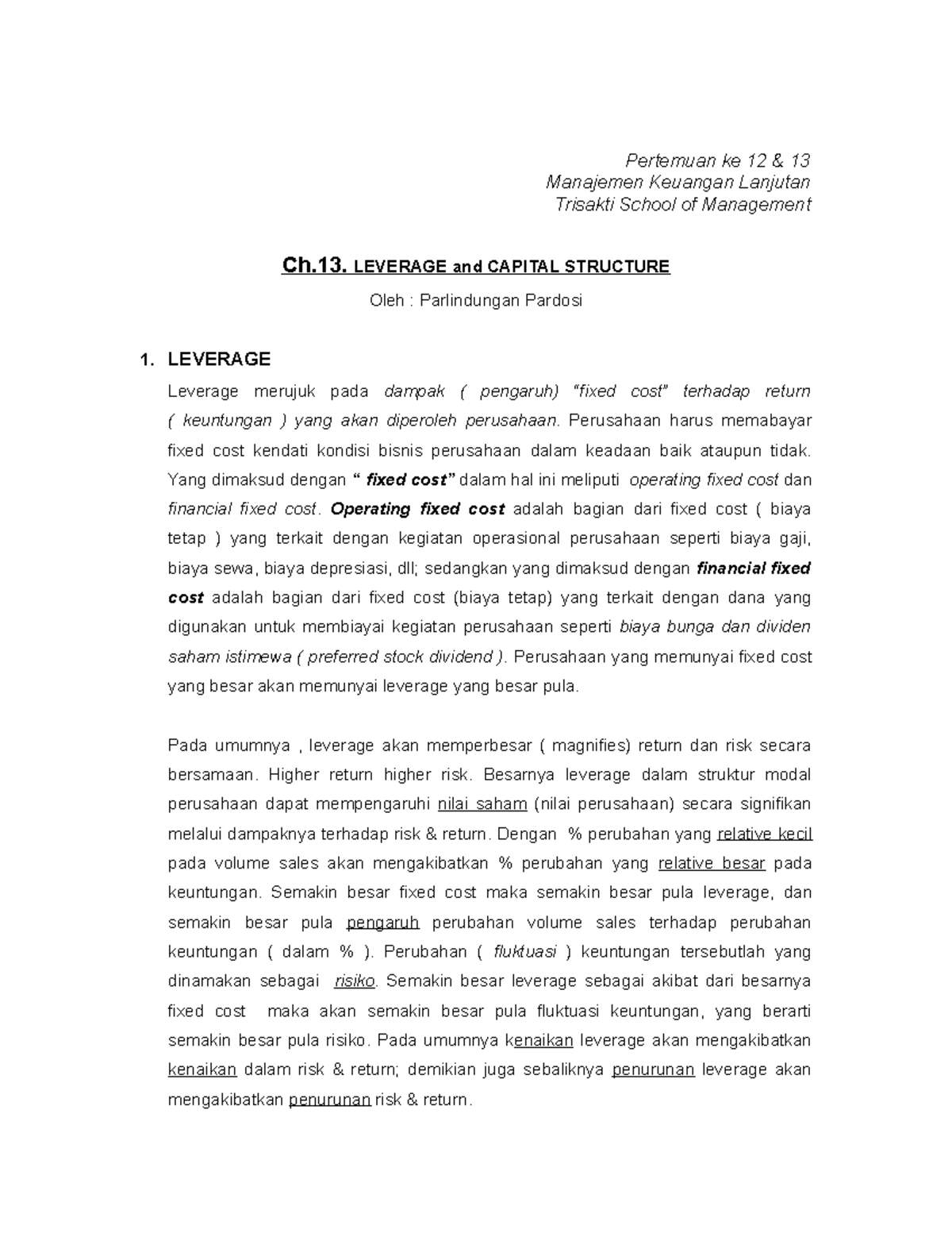 9. Pert.12-13. Ch.13. Leverage And Capital Structure - Pertemuan Ke 12 ...