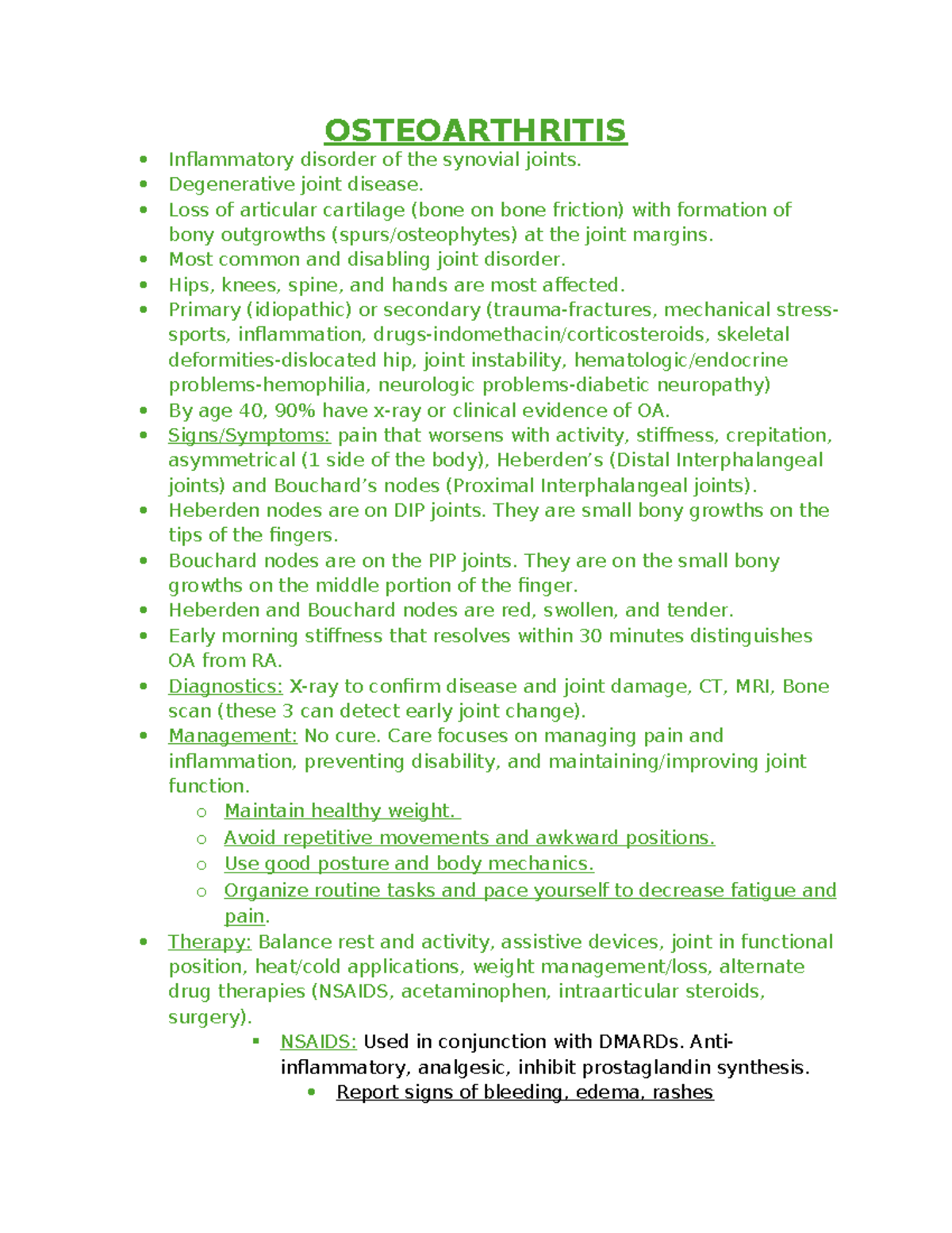 Osteoarthritis - notes taken from class during lecture and some key ...