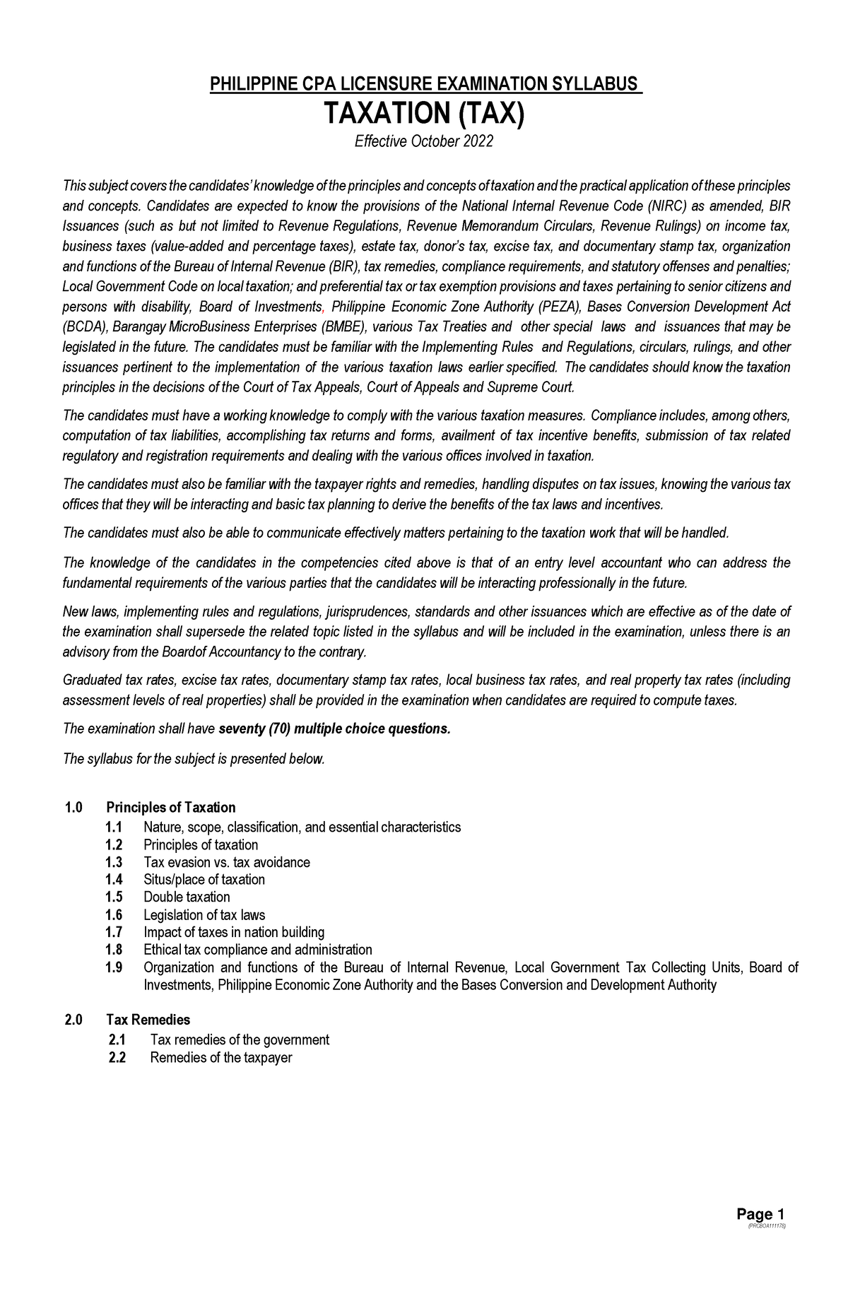 TAX Syllabus Oct 2022 Cpale Page 1 (PRCBOA111178) PHILIPPINE CPA