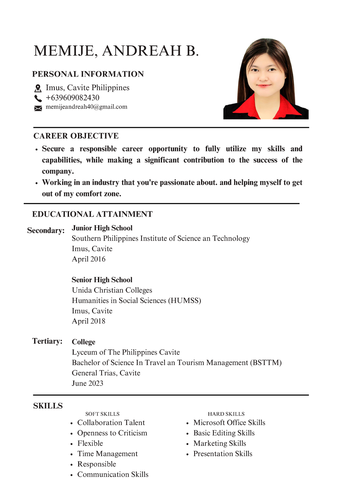 Black and White Simple Office Assistant Resume - MEMIJE, ANDREAH B ...