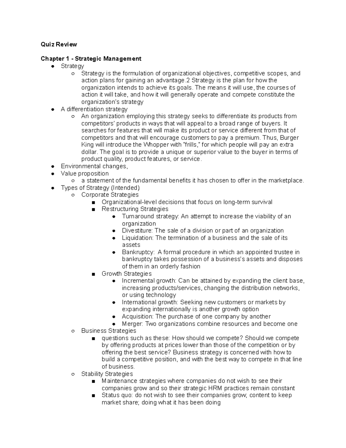 Quiz 1 Review - Quiz Review Chapter 1 - Strategic Management Strategy ...