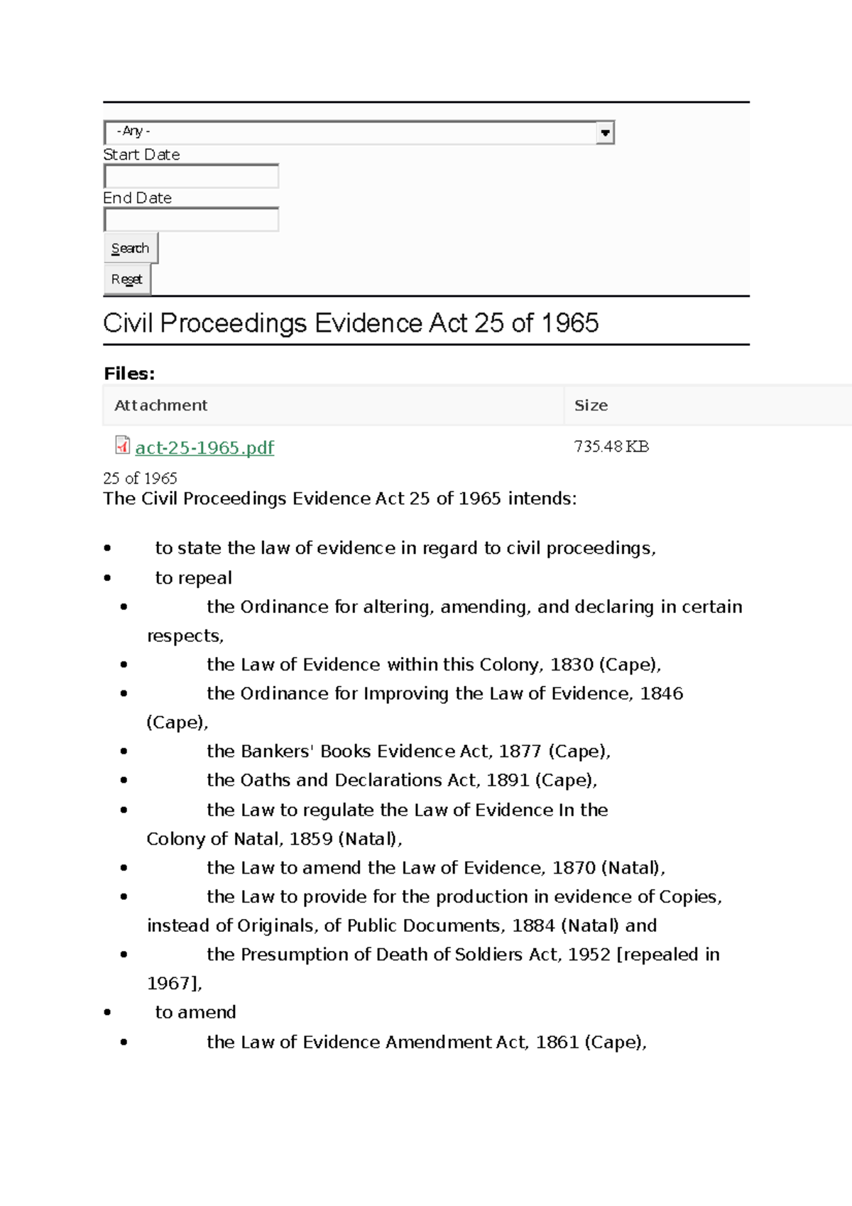 Civil procedure - Start Date End Date Civil Proceedings Evidence Act 25 ...