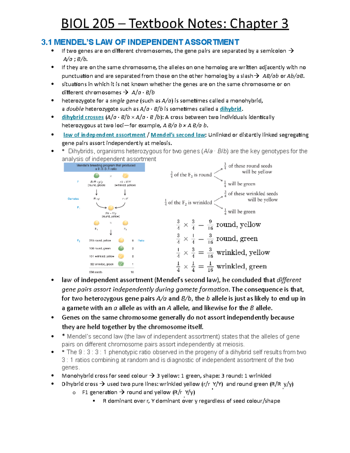 Chapter 3 - BIOL 205 – Textbook Notes: Chapter 3 3 MENDEL’S LAW OF ...