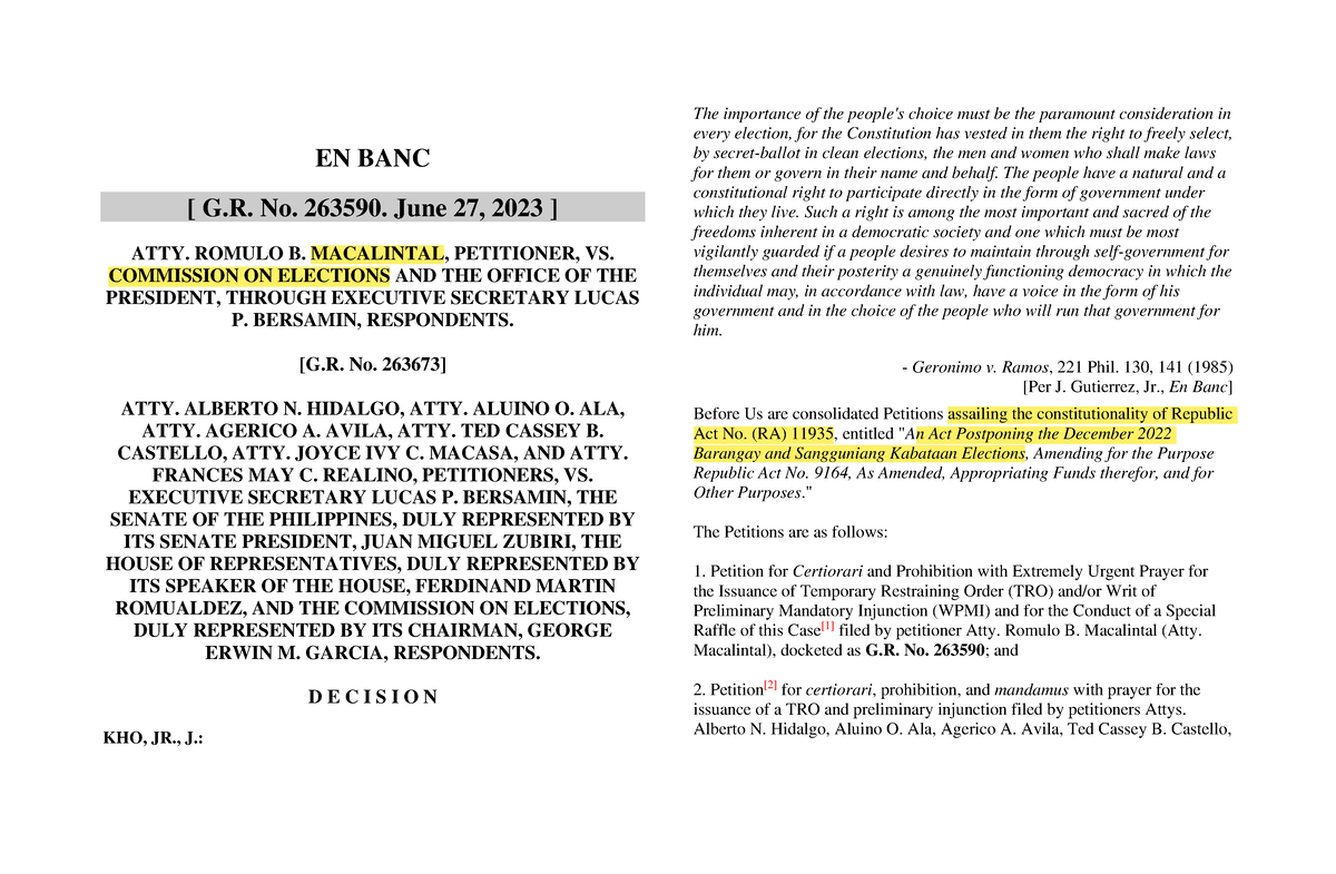 GR No. 263590 Romulo V. Comelec - EN BANC [ G. No. 263590. June 27 ...