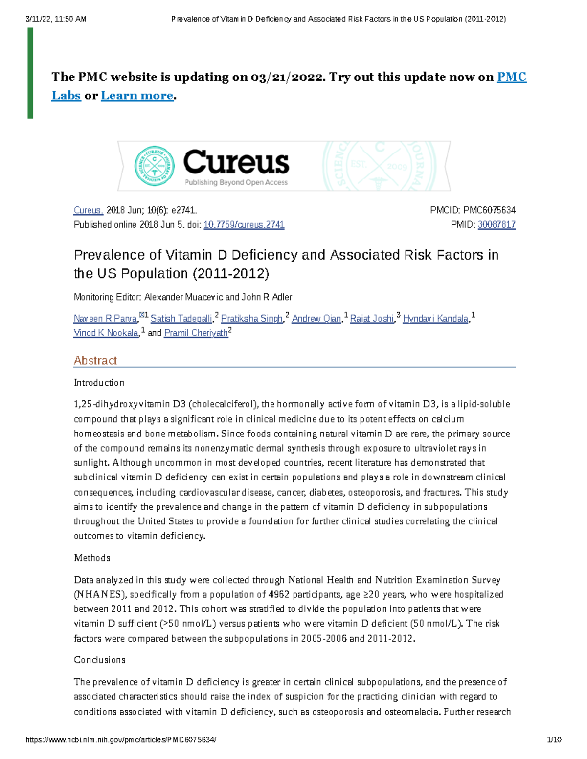 Prevalence of Vitamin D Deficiency and Associated Risk Factors in the ...