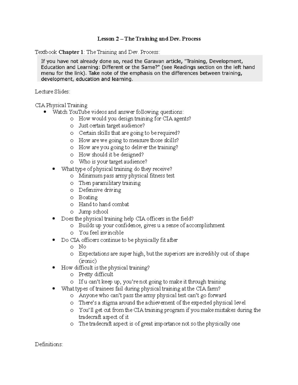 Lesson 2 - Lesson 2 – The Training and Dev. Process Textbook Chapter 1 ...