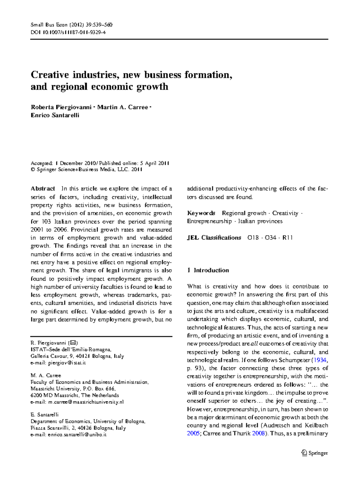 Creative industries, new business formation, and regional economic 