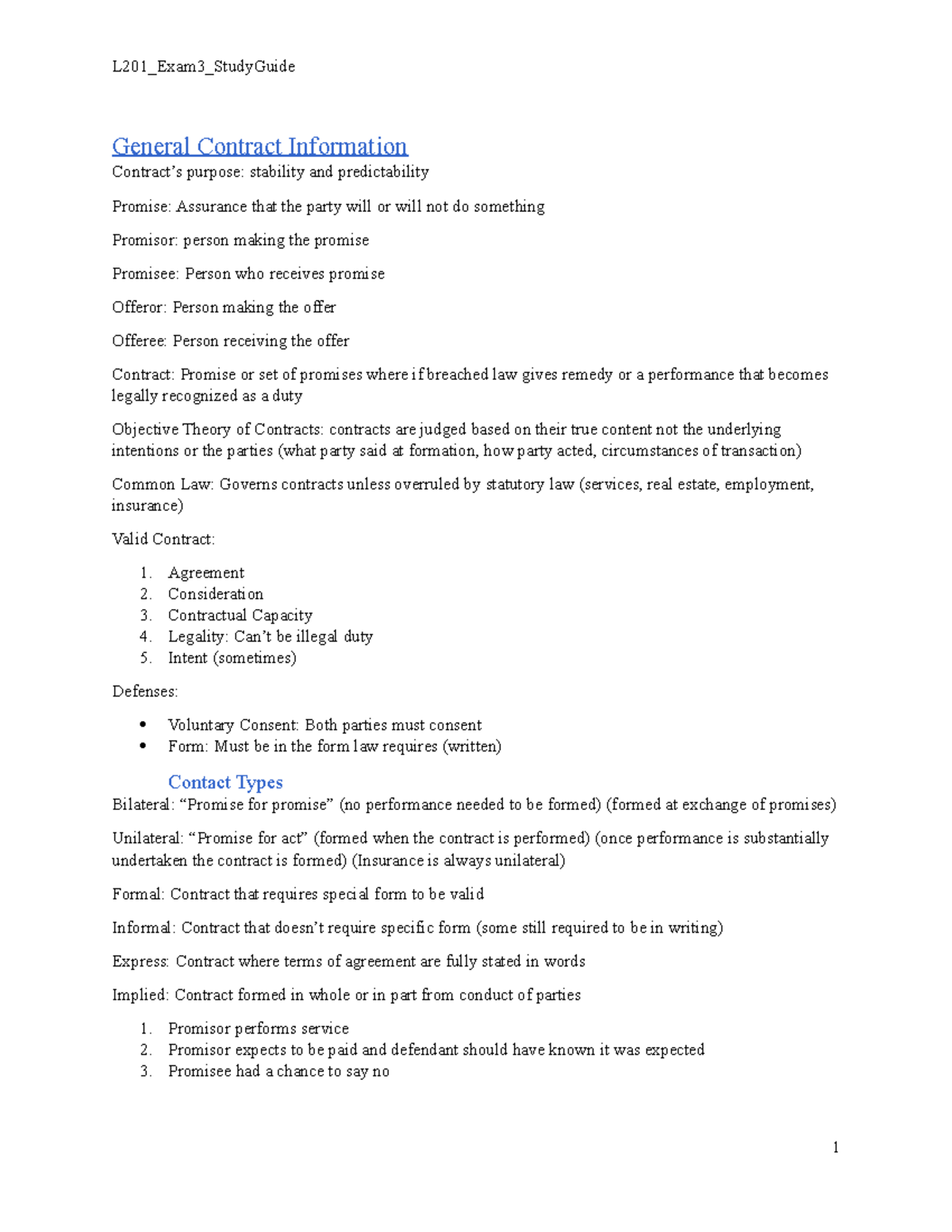 L201 Exam3 Study Guide - General Contract Information Contract’s ...