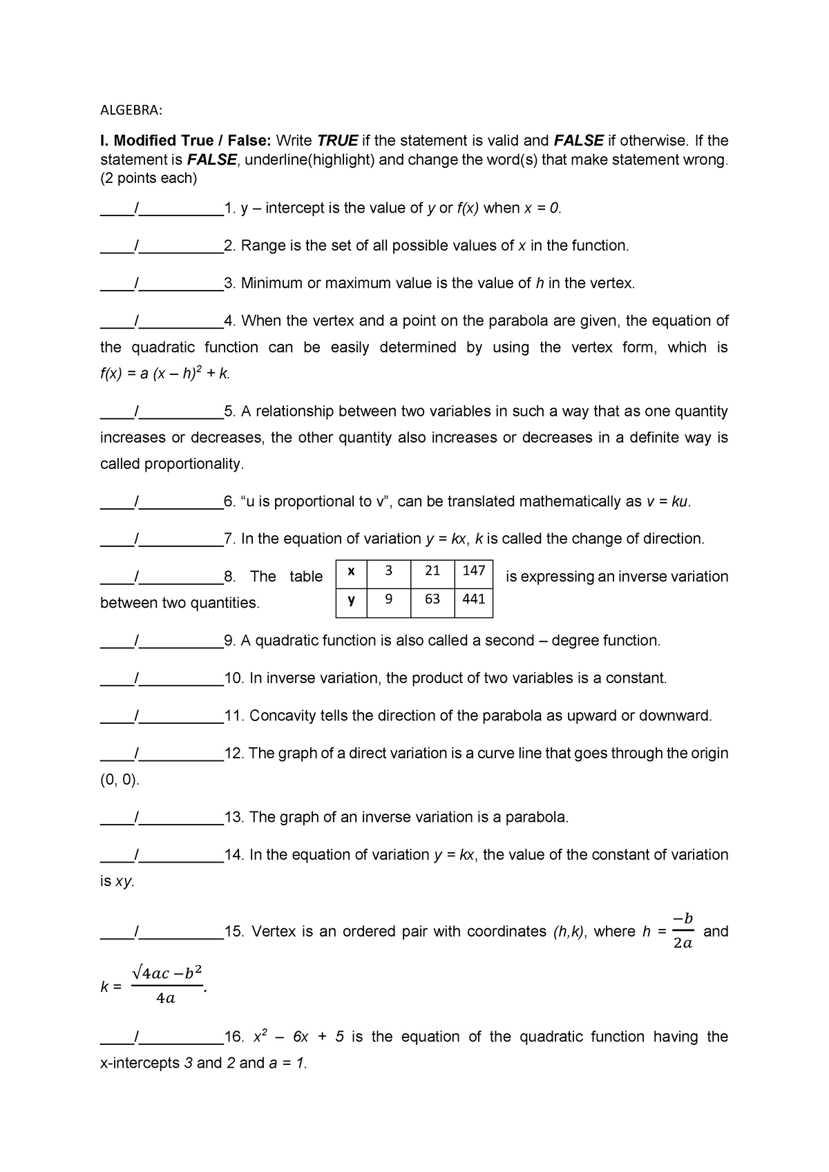 Algebra: Evaluation Activity for Quadratic Equations and Variations ...