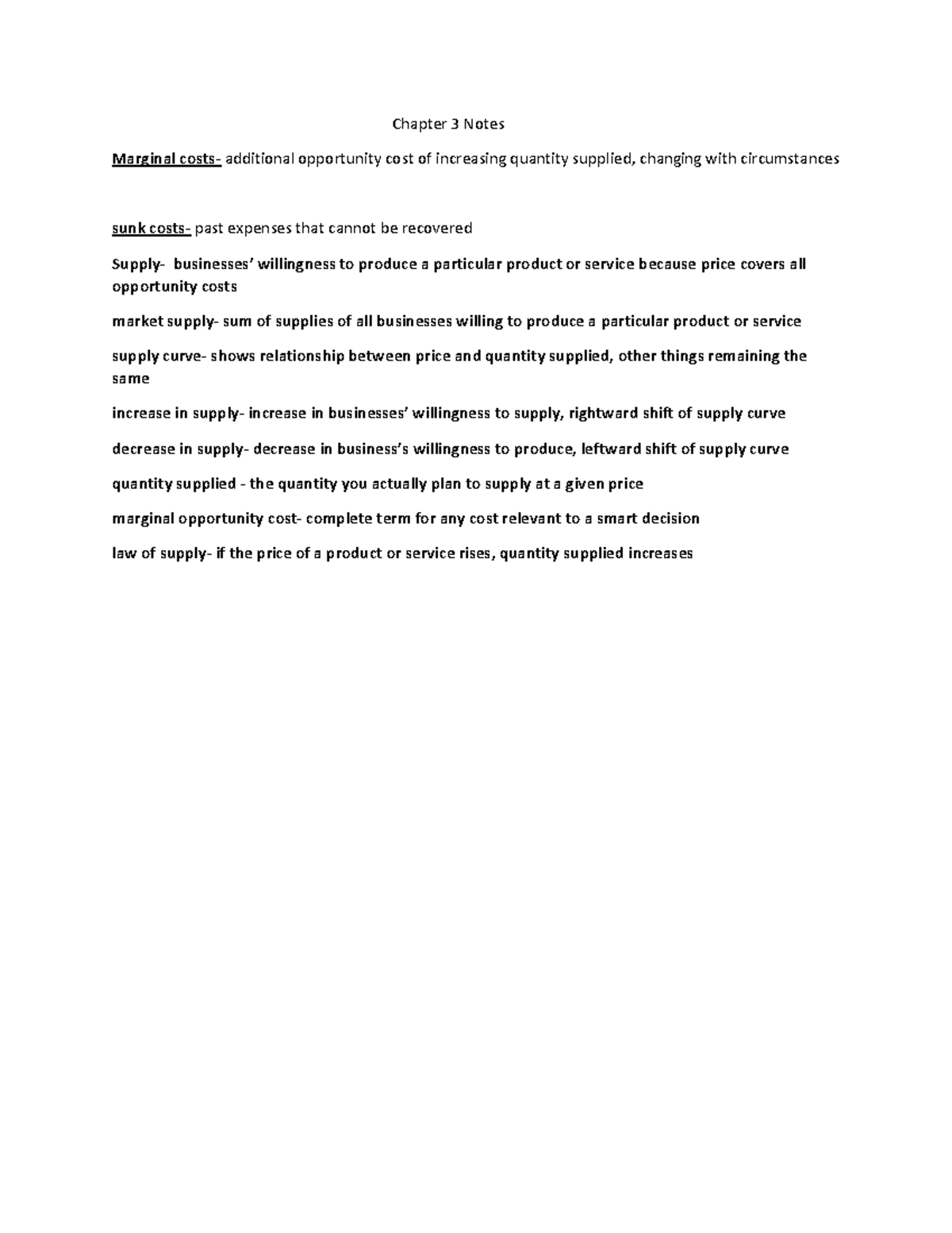 Economics- Chapter 3 Supply - Chapter 3 Notes Marginal costs ...