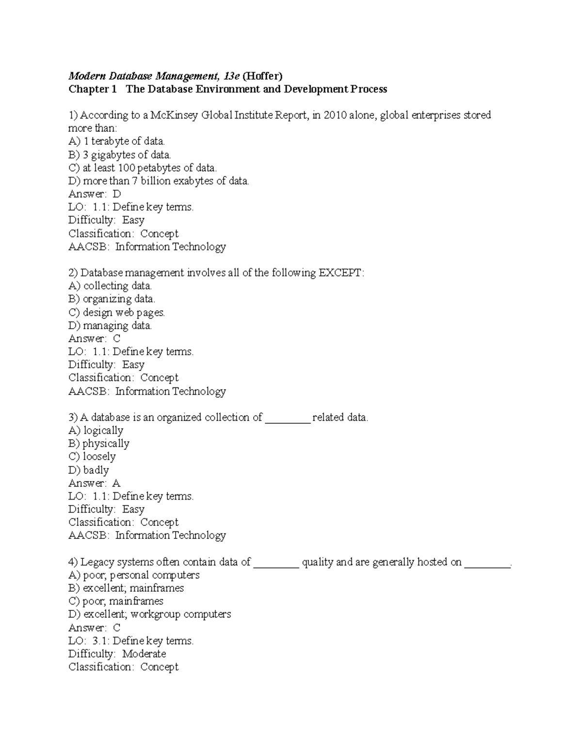 Chapter 1 MCQ - Modern Database Management, 13e (Hoffer) Chapter 1 The ...