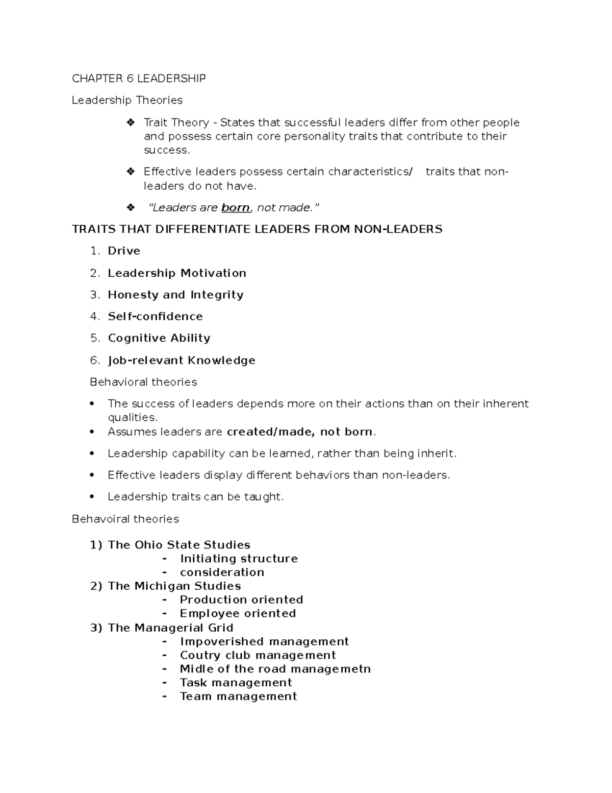 Chapter 6 Draft - CHAPTER 6 LEADERSHIP Leadership Theories Trait Theory ...