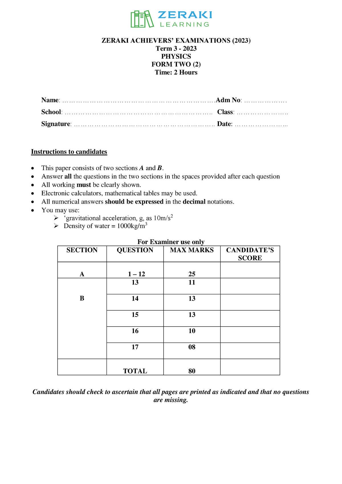 undefined Physics Form 2 - ZERAKI ACHIEVERS’ EXAMINATIONS (2023) Term 3 ...