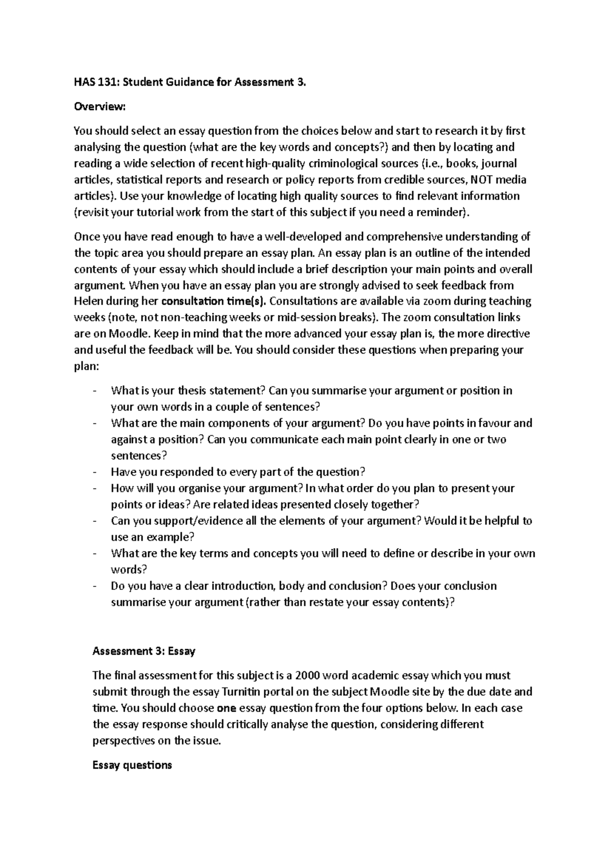 HAS 131 Guidance for Assessment 3 - HAS 131: Student Guidance for ...