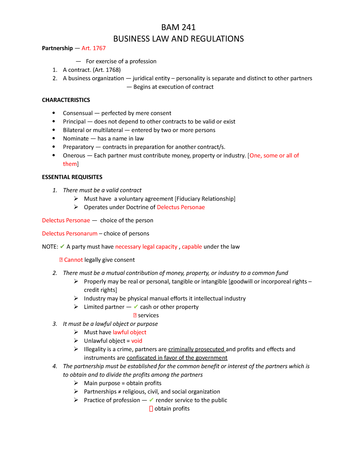 Prelim BAM 241 Reviewer - BUSINESS LAW AND REGULATIONS Partnership ...