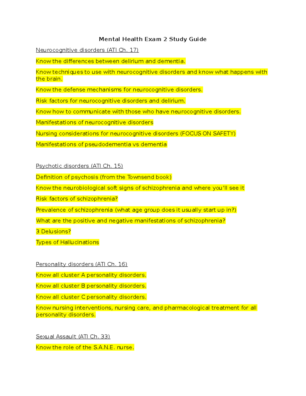 MH studuy guide for exam 2 - Mental Health Exam 2 Study Guide ...