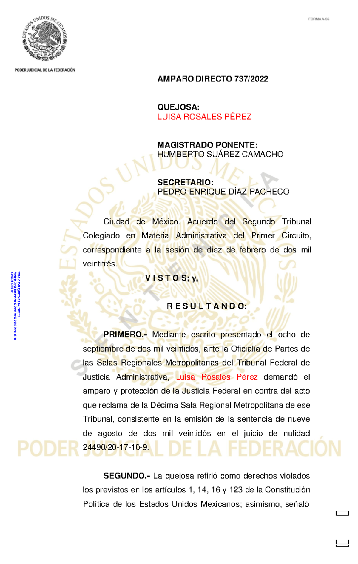 Sentencia ACT 1 Y 2 Sesion 5 - AMPARO DIRECTO 737/ QUEJOSA: LUISA ...