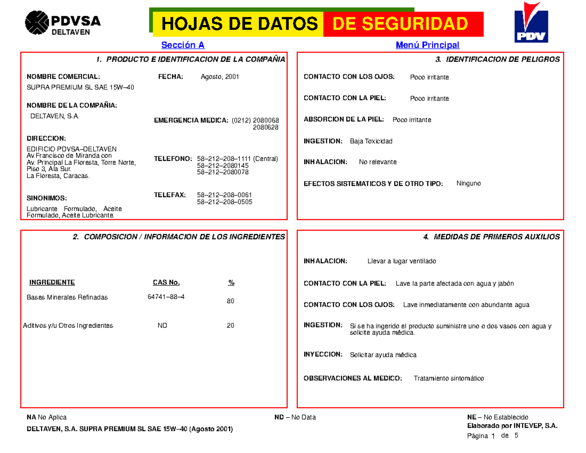 Hoja de datos de seguridad aceite 15w40 - Menú Principal HOJAS DE DATOS