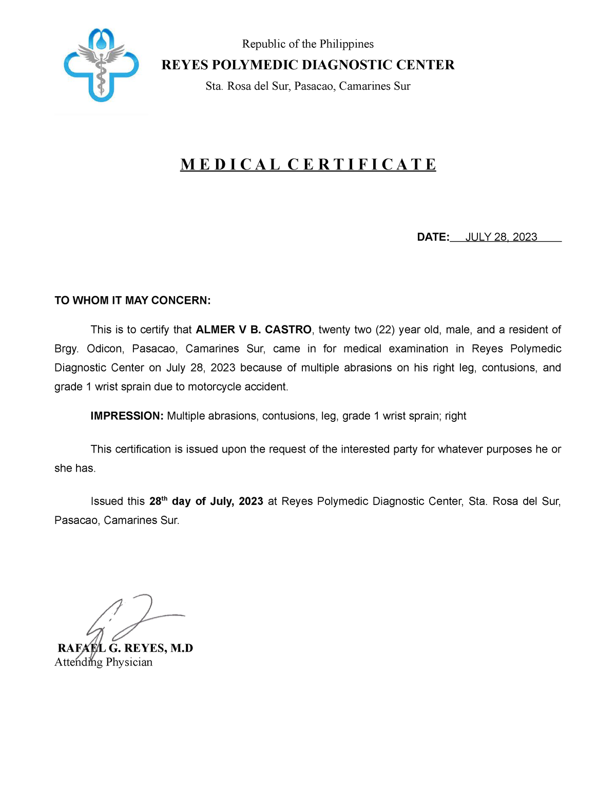 Medical Certificate - Kzkzmkzms - Republic of the Philippines REYES ...