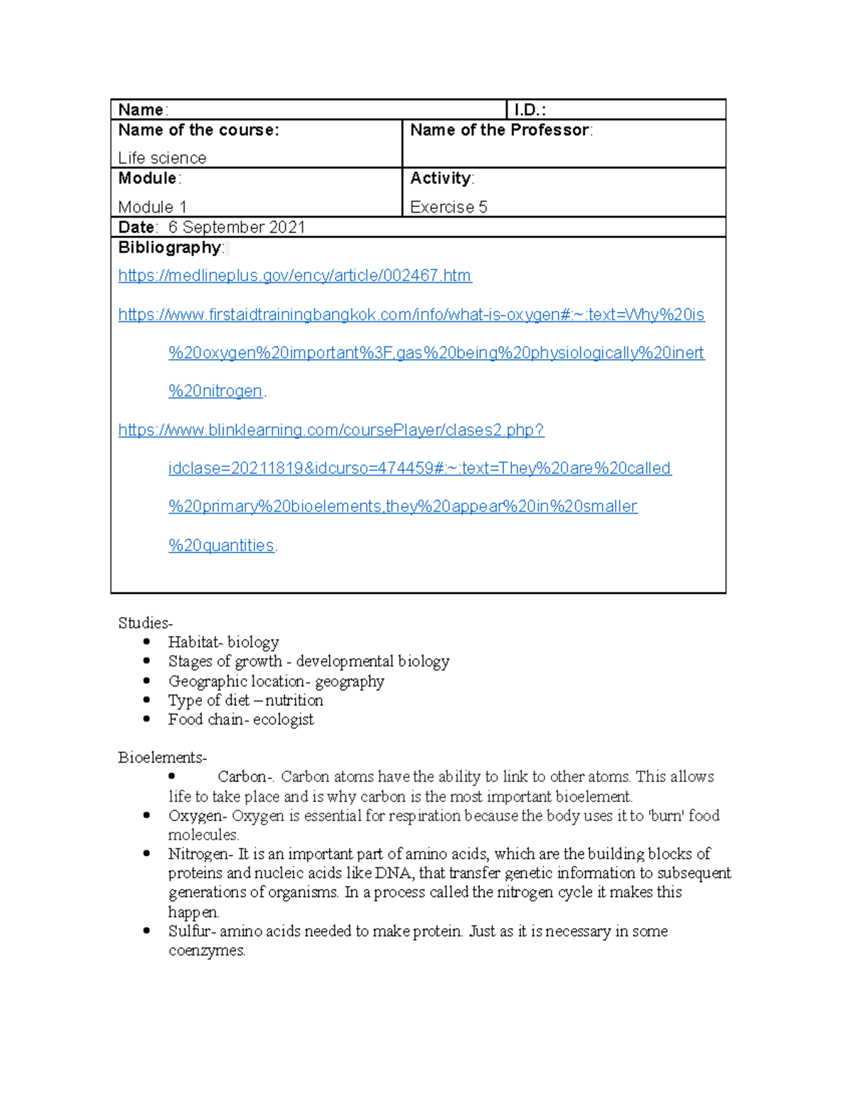 Tarea 5 Ls - Name : I.: Name Of The Course: Life Science Name Of The 